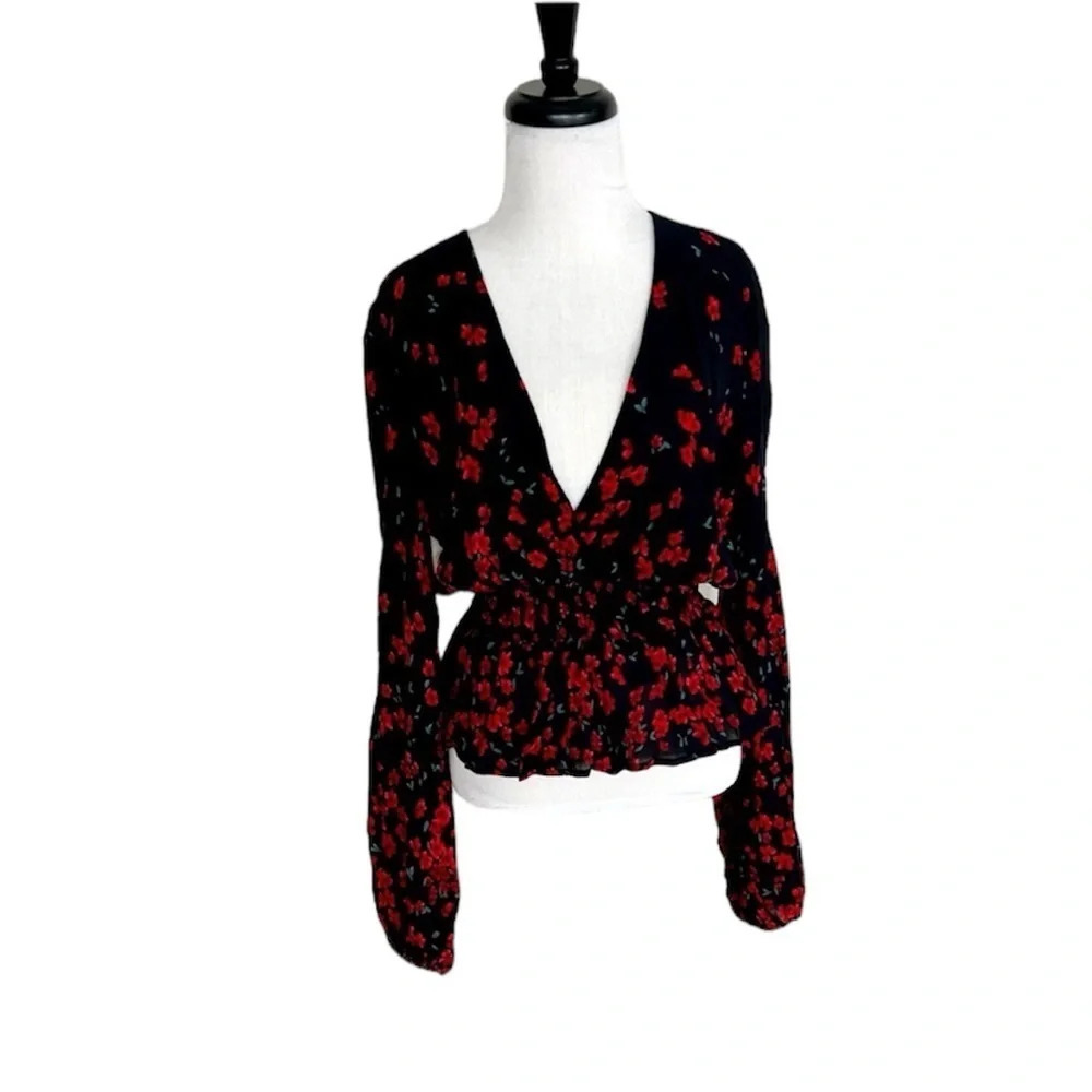 Reformation Black Blouse with Red Floral Print